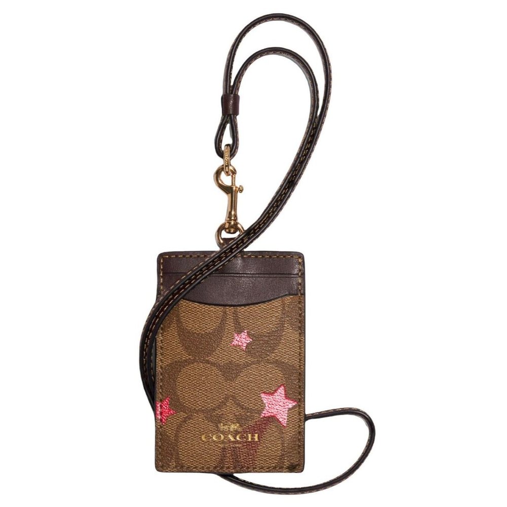 COACH Id Lanyard NWT Signature Brown Canvas With Pink Disco Star Print